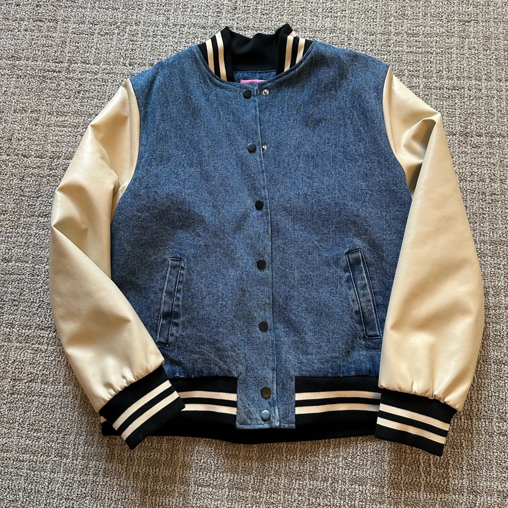 Edikted Blue Denim and Faux Leather Cream Sleeves Varsity Jacket Womens Small